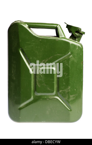 A green vintage and dirty jerrycan isolated on white Stock Photo