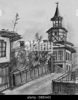 Pencil black and white drawing of the old clock tower in Tryavna, Bulgaria. Stock Photo