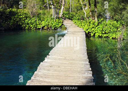 Wooden Path in Plitvice Lakes Park, for crossing over an emerald colored water surface of the lakes. Stock Photo