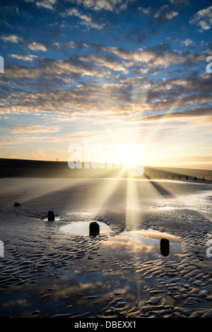 Beautiful sunrise reflected in low tide water pools on beach landscape Stock Photo