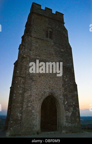 St. Michael's church tower, Glastonbury Tor, Somerset, at dusk, sunset Stock Photo