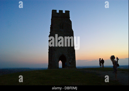 St. Michael's church tower, Glastonbury Tor, Somerset, at dusk, sunset Stock Photo