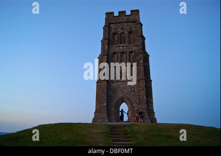 St. Michael's church tower, Glastonbury Tor, Somerset, at dusk, sunset Stock Photo