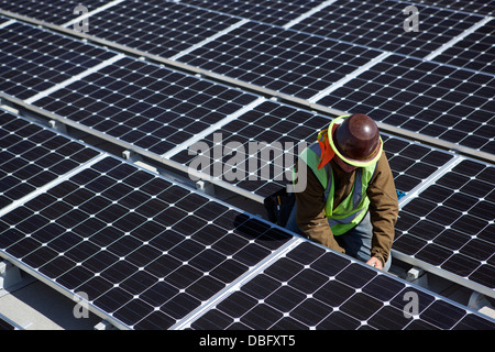 Worker examining solar panels outdoors Stock Photo