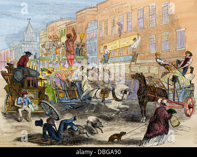 Busy street traffic in New York City, 1850s. Hand-colored woodcut Stock Photo