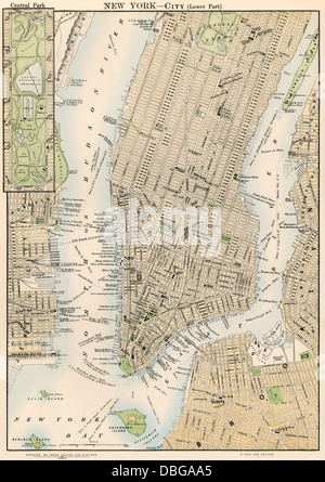 Map of lower and mid-town Manhattan, New York City, 1870s. Color lithograph Stock Photo