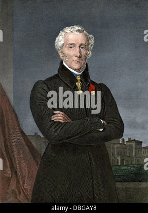 Arthur Wellesley, Duke of Wellington, who defeated Napoleon at Waterloo. Hand-colored steel engraving Stock Photo