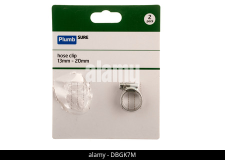 Opened pack from Plumb Sure Hose clip 13mm to 20mm Stock Photo