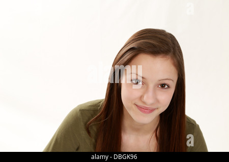 beautiful hispanic girl with long hair smiling Stock Photo