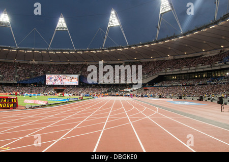 100m track inside the Olympic Stadium, London, Anniversary Games Stock Photo