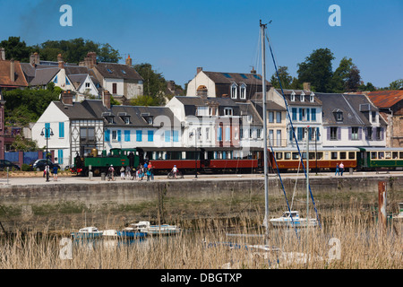 France, Picardy, Somme, St-Valery sur Somme, Somme Bay Resort town, town view with tourist train. Stock Photo