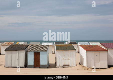 France, Pas de Calais, Bleriot Plage, beach huts along English Channel.