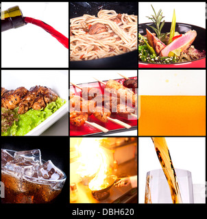 Collection of different meat dishes and alcohol drinks Stock Photo