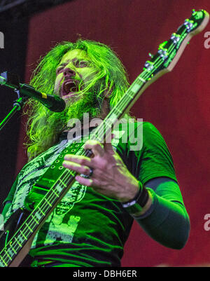 Heavy Metal band Mastodon performing live at Mayhem Fest 2013. Mastodon is an American heavy metal band from Atlanta, Georgia, formed in  2000. The band consists of bassist and vocalist Troy Sanders, guitarist Brent Hinds, guitarist Bill Kelliher and drummer Brann Dailor. Stock Photo