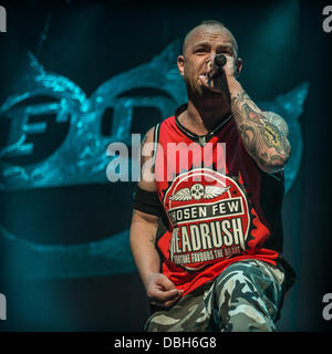 Heavy Metal band Five Finger Death Punch  performing live at Mayhem Fest 2013. Five Finger Death Punch (also initialized as FFDP or 5FDP) is an American heavy metal band from Los Angeles, California. The band consists of vocalist Ivan Moody, guitarist Zoltan Bathory, guitarist Jason Hook, bassist Chris Kael, and drummer Jeremy Spencer. Stock Photo