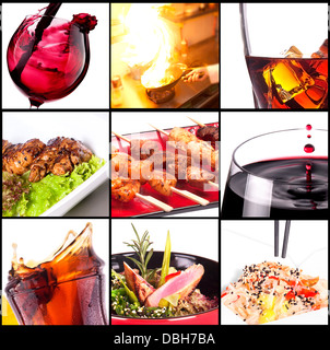 Collection of different meat dishes and alcohol drinks Stock Photo