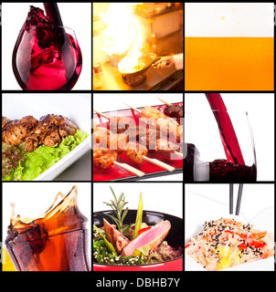 Collection of different meat dishes and alcohol drinks Stock Photo