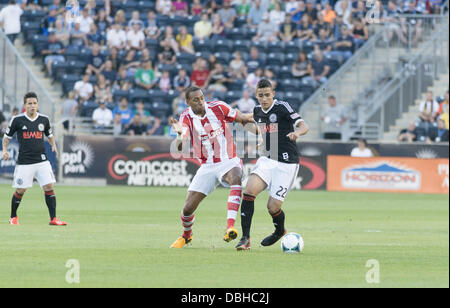 Chester, Pennsylvania, USA. 30th July, 2013. Stoke City player, STEVEN N'ZONZI (15) in action against Philadelphia Union player,LEO FERNANDES (22) in a international friendly match that was played at PPL Park in Chester Pa. Home of the Philadelphia Union Credit:  Ricky Fitchett/ZUMAPRESS.com/Alamy Live News Stock Photo