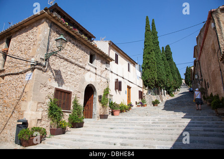 365 Calvari Steps in old town of Pollensa on the island of Majorca in the Balearic Islands Stock Photo