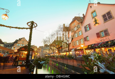 Christmas market and lights decoration at the city center. Colmar. Wine route. Haut-Rhin. Alsace. France Stock Photo