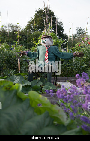 Seated scarecrow with jumper and tie in urban allotment Stock Photo
