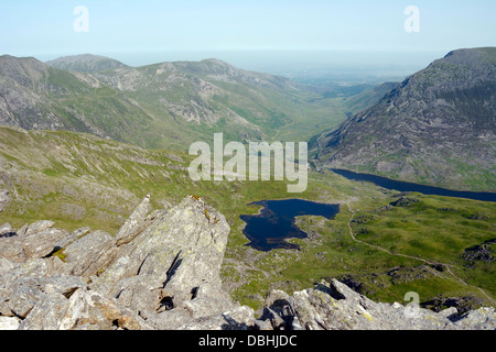 Llyn Bochlwyd and the Nant Ffrancon Pass from Glyder Fach. Stock Photo