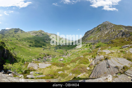 Panorama of the U shaped glaciated Nant Ffrancon Valley from Foel Goch ( left ) to Pen yr Ole Wen ( right ) Stock Photo