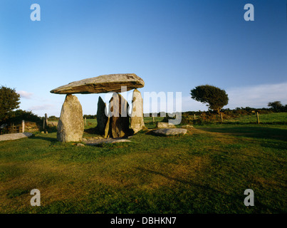 The capstone and uprights of the burial chamber and forecourt facade of Pentre Ifan Neolithic chambered tomb. Stock Photo