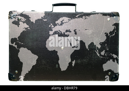 Old suitcase globetrotter with a world map. Stock Photo