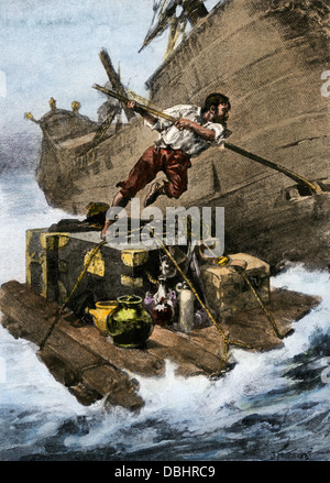 Robinson Crusoe escaping the sinking ship, from the Daniel Defoe novel. Hand-colored halftone reproduction of an illustration Stock Photo