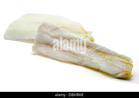 Frozen hake fillets on white backgrouns Stock Photo