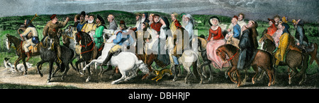 Pilgrims from a scene in Chaucer's Canterbury Tales. Hand-colored halftone reproduction of an illustration Stock Photo