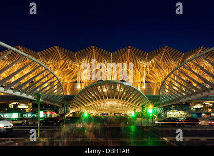 Long exposure shot of Oriente railway station at Lisbon, built by Santiago Calatrava for EXPO 1998, at night Stock Photo