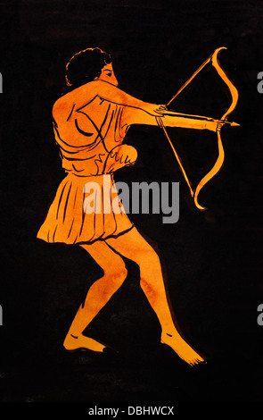 historical costume - ancient Greek archer styled under painting of skyphos 5th century BC Stock Photo