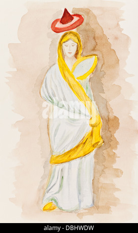 historical costume - ancient Greek woman in himation and and flat hat, styled Tanagra figurine of the 4th century BC Stock Photo