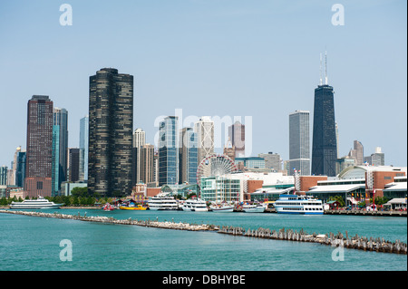 CHICAGO, IL - JULY 1: View of the Chicago Harbor and Navy Pier with the skyline in the background as seen from Lake Michigan. Stock Photo