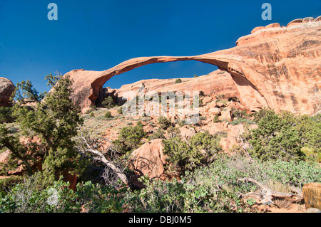 wide angle view of Landscape Arch, one of the world's longest natural bridges, Arches National Park, Utah Stock Photo