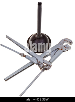 two pipe wrenches and plunger isolated on white background Stock Photo