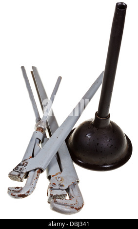 two used pipe wrenches and plunger isolated on white background Stock Photo