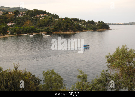 View of Boat from Skiathos town to Kanapitsa & Nostos. Stock Photo