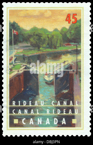 A canceled Canadian postage stamp featuring the Rideau Canal World Heritage Site, an historic operating canal in continuous use Stock Photo
