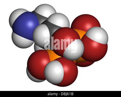Alendronic acid (alendronate, bisphosphonate class) osteoporosis drug, chemical structure. Atoms are represented as spheres Stock Photo