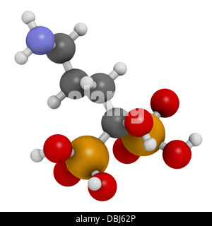 Alendronic acid (alendronate, bisphosphonate class) osteoporosis drug, chemical structure. Atoms are represented as spheres Stock Photo