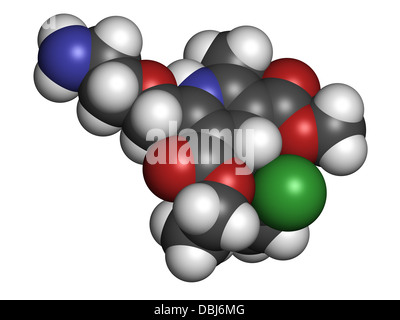 Amlodipine hypertension (high blood pressure) drug, chemical structure. Atoms are represented as spheres Stock Photo