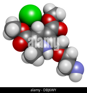 Amlodipine hypertension (high blood pressure) drug, chemical structure. Atoms are represented as spheres Stock Photo