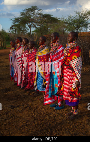 Masai Villagers in traditional clothing outside boma. Selenkay Conservancy area. Kenya, Africa. Stock Photo