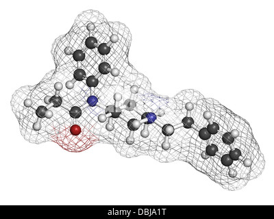 Fentanyl (fentanil) opioid analgesic drug, chemical structure. Atoms are represented as spheres with conventional color coding Stock Photo