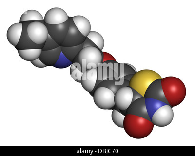 Pioglitazone diabetes drug, chemical structure. Atoms are represented as spheres with conventional color coding Stock Photo