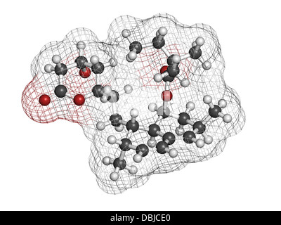 Simvastatin cholesterol lowering drug (statin class), chemical structure. Atoms are represented as spheres. Stock Photo