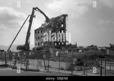 Demolition in progress on the former Eden Hospital in Castro Valley, California rendered in black and white Stock Photo